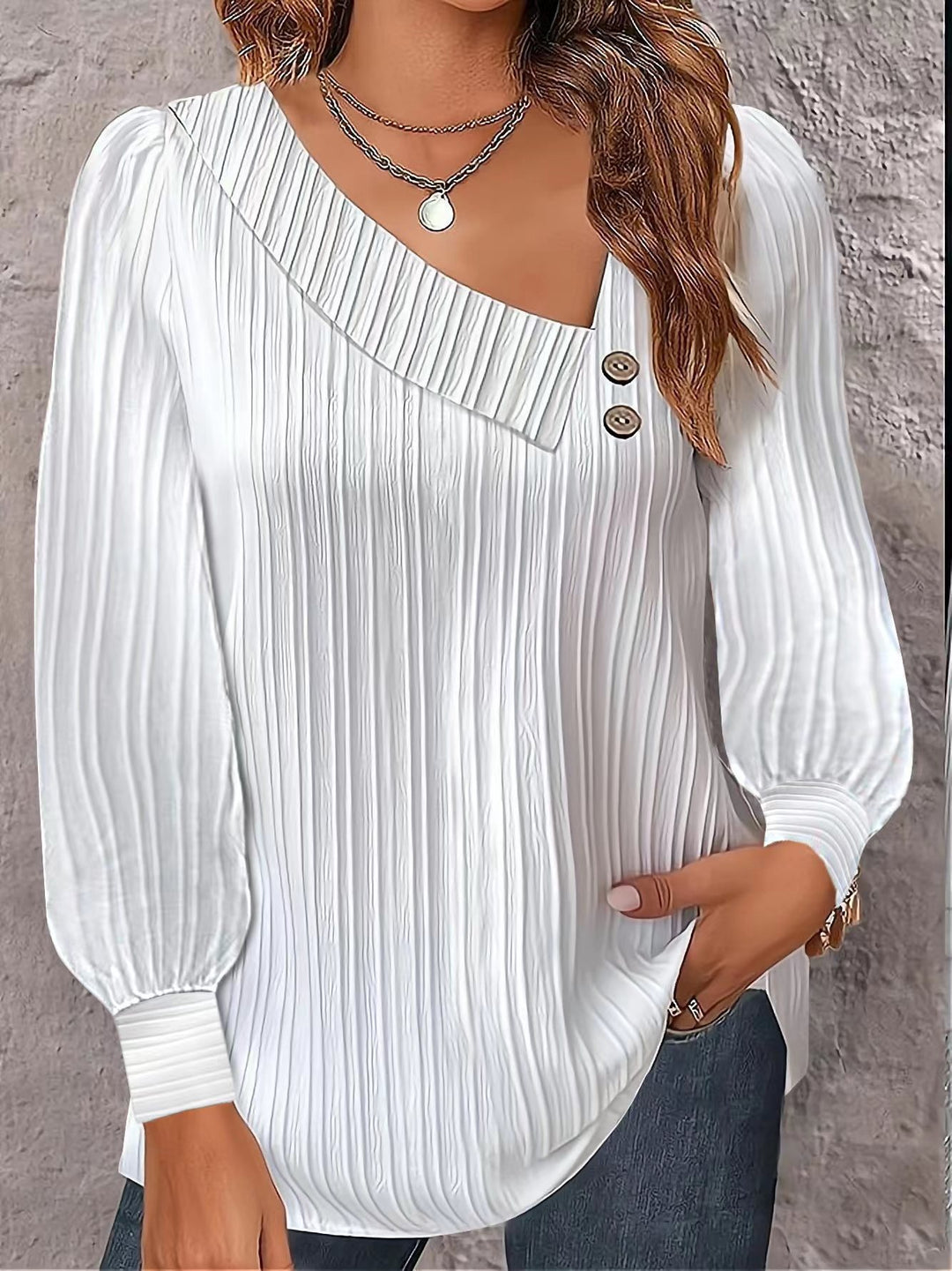 Ladies long sleeve trendy T-shirt with pleated texture and decorative buttons Lune London