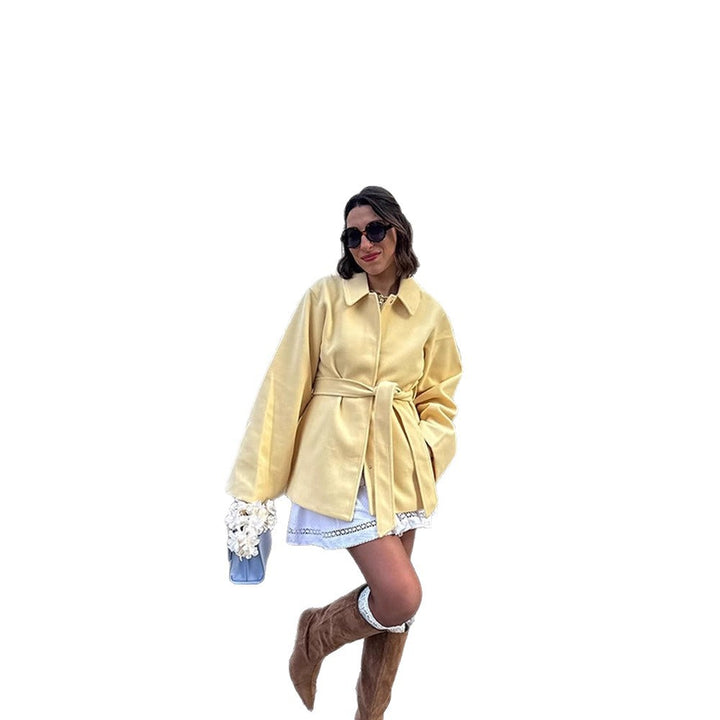 Women's short coat with tie belt, boxy oversized silhouette and wide sleeves Amarae