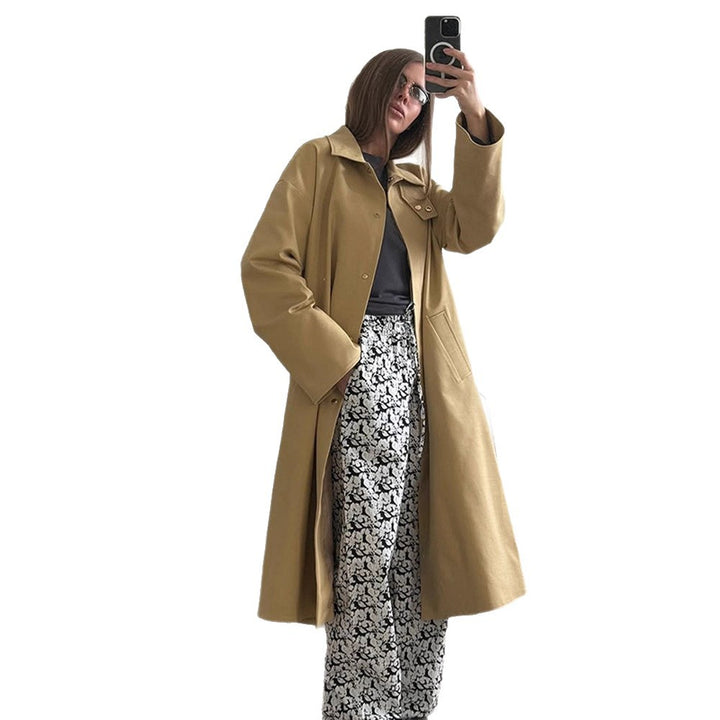 Ladies Maxilong Oversize Trench Coat with Stand Collar and Concealed Snap Placket Amarae