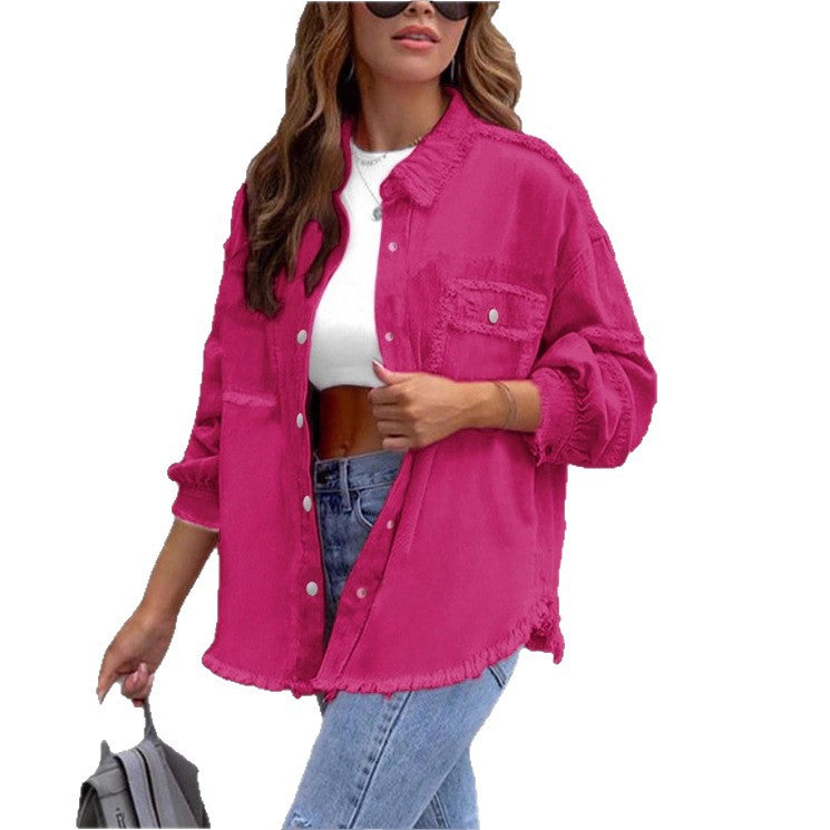 Women's Oversized Denim Utility Jacket with Frayed Edges and Flap Pockets Amarae