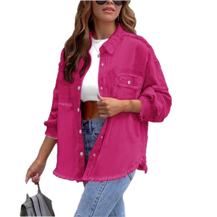Women's Oversized Denim Utility Jacket with Frayed Edges and Flap Pockets Amarae