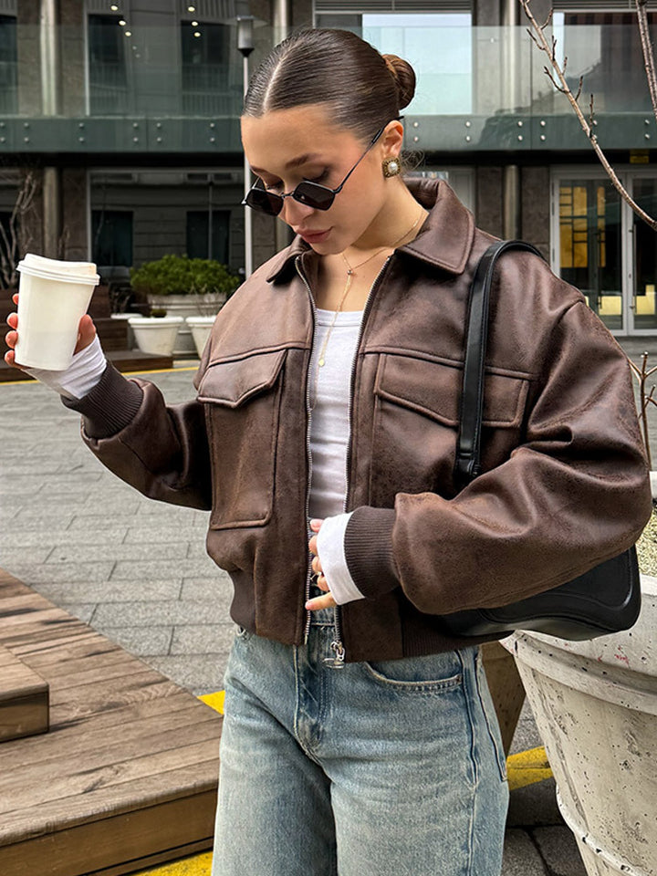Women Cropped Suede Look Bomber Jacket with Flap Pockets and Ribbed Hem Amarae