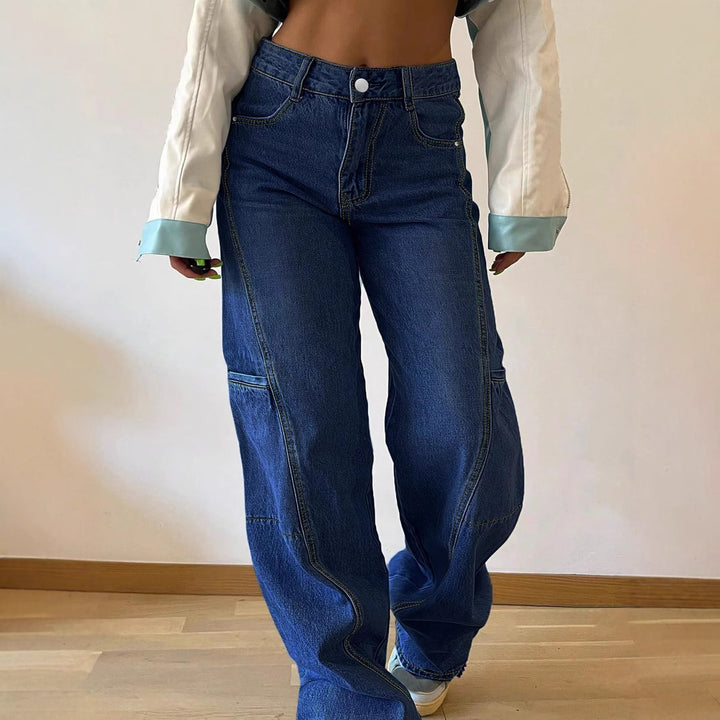 Women High-waisted wide jeans pants with prominent seam panels and utility knee inserts Amarae