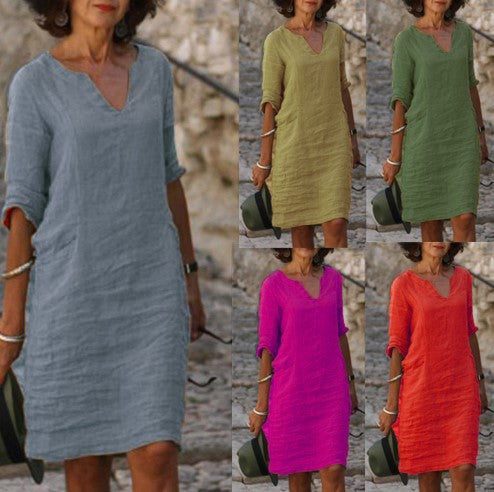 Linen dress for women with a relaxed fit and elegant V-neck Amarae
