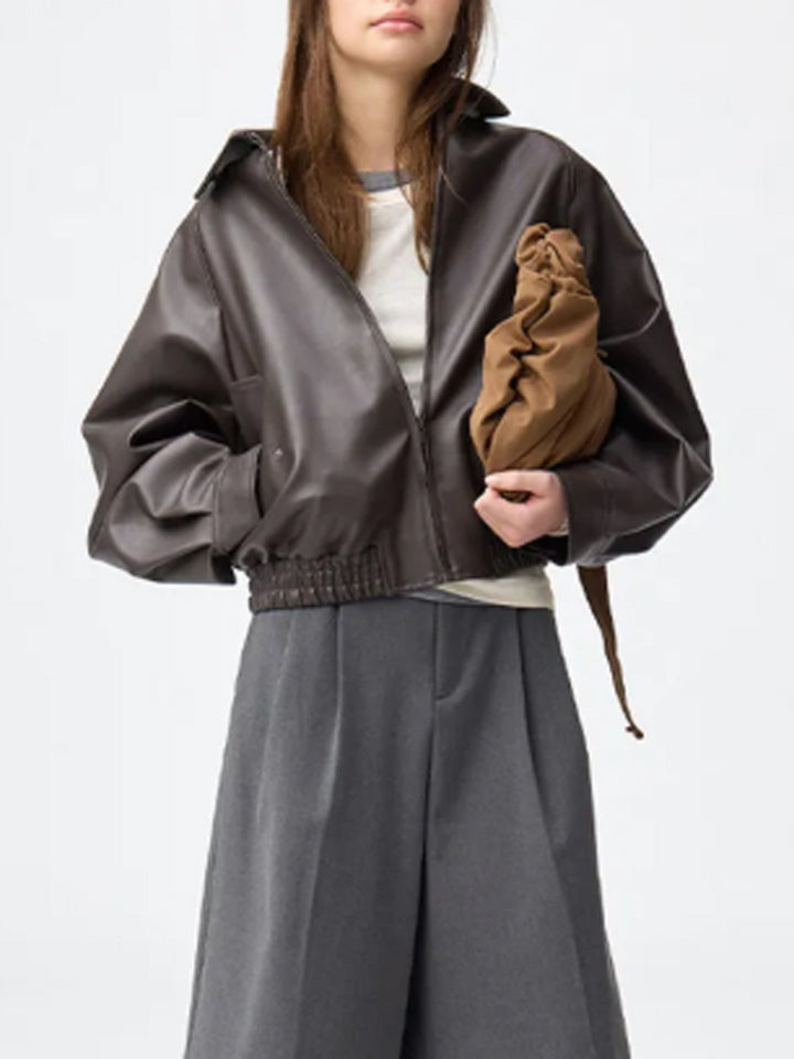 Women Boxy Cropped Faux Leather Jacket with Concealed Zipper and Elastic Hem Amarae