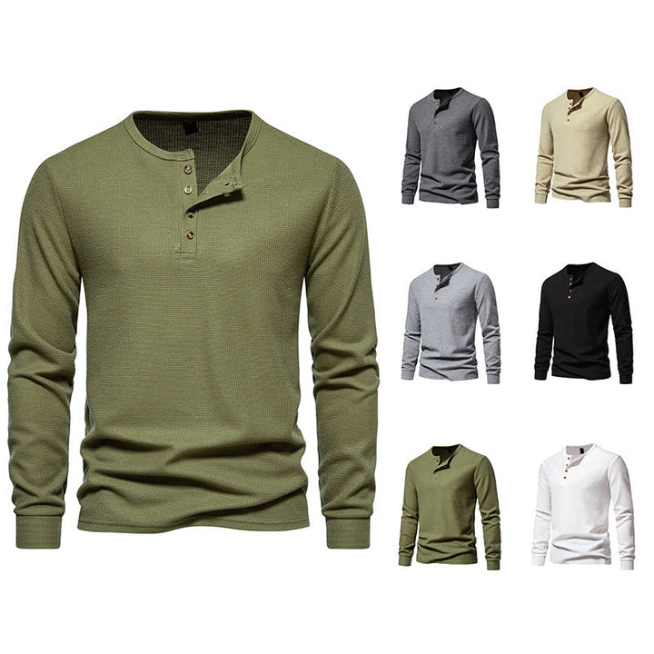 Men's Long Sleeve Henley Shirt with Textured Surface Pattern and Practical Button Details Amarae