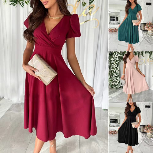 Amarae | Stylish Commuting Solid Color V-Neck Puff Sleeve Dress