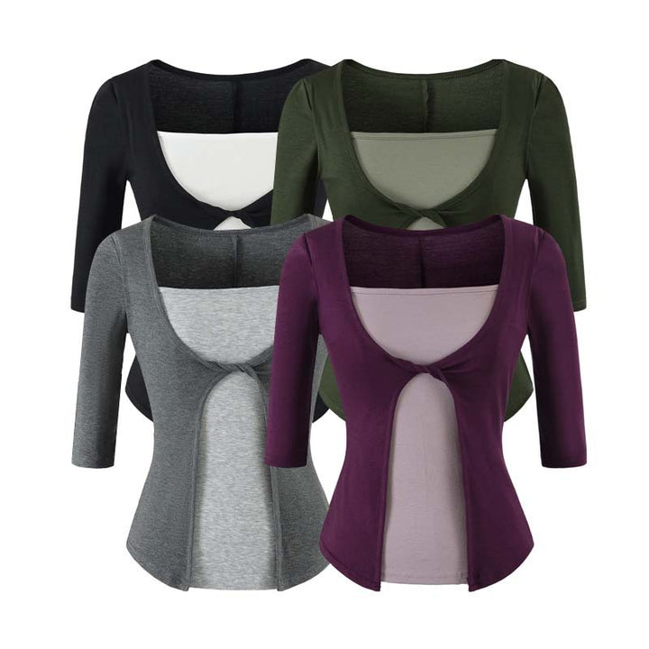 Women Layered Look Shirt with Knot Front, Three-Quarter Sleeves and Integrated Under Top Amarae
