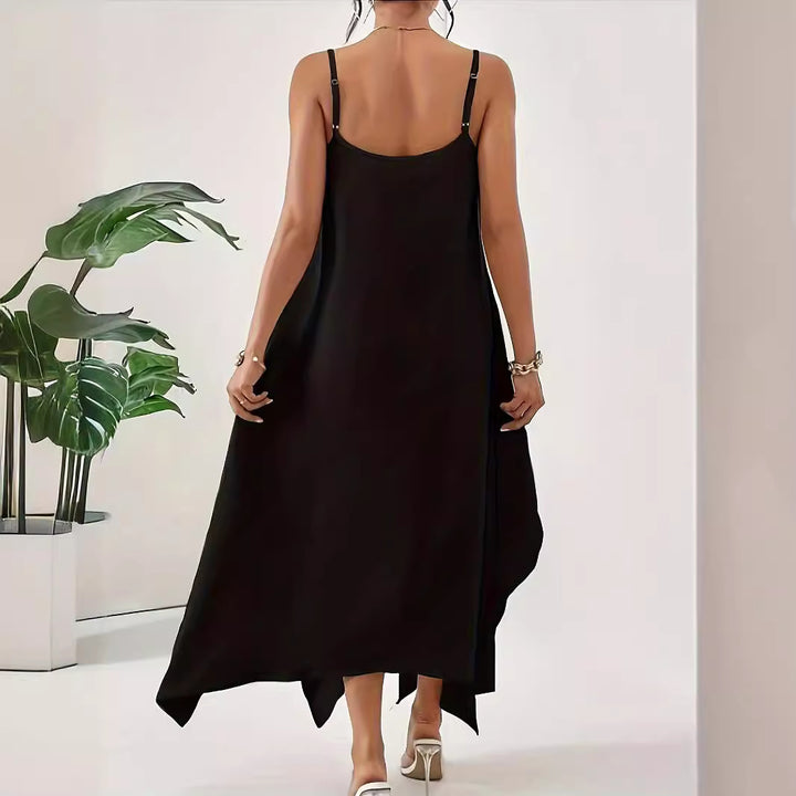 Airy spaghetti strap dress for women with asymmetrical hem and soft fabric Lune London
