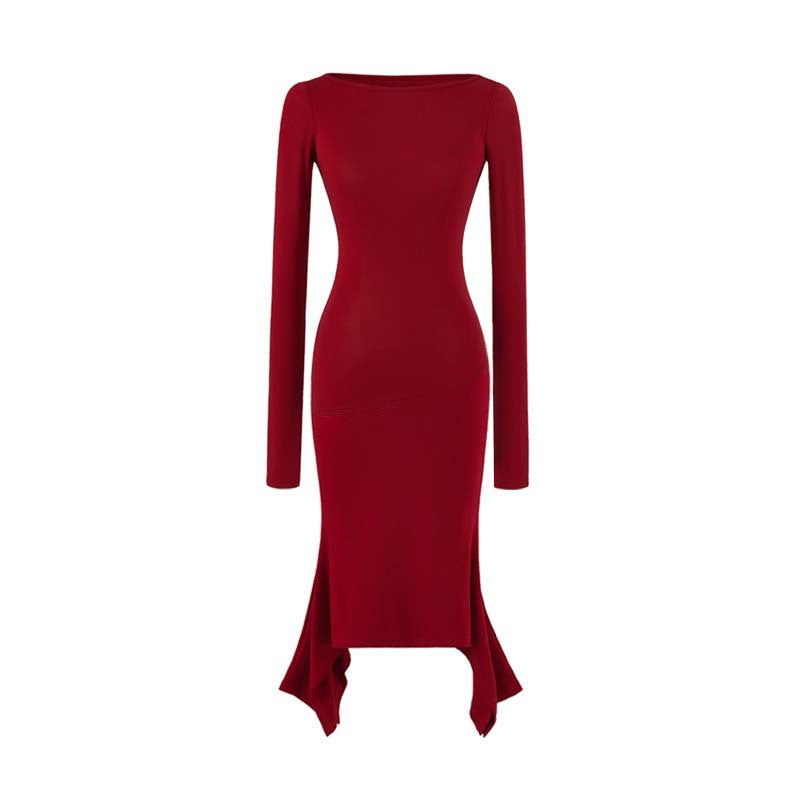 Women Figure-Hugging Midi Dress with Asymmetrical Hem and Panel Design Amarae