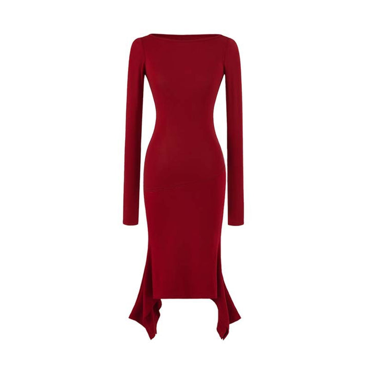 Women Figure-Hugging Midi Dress with Asymmetrical Hem and Panel Design Amarae