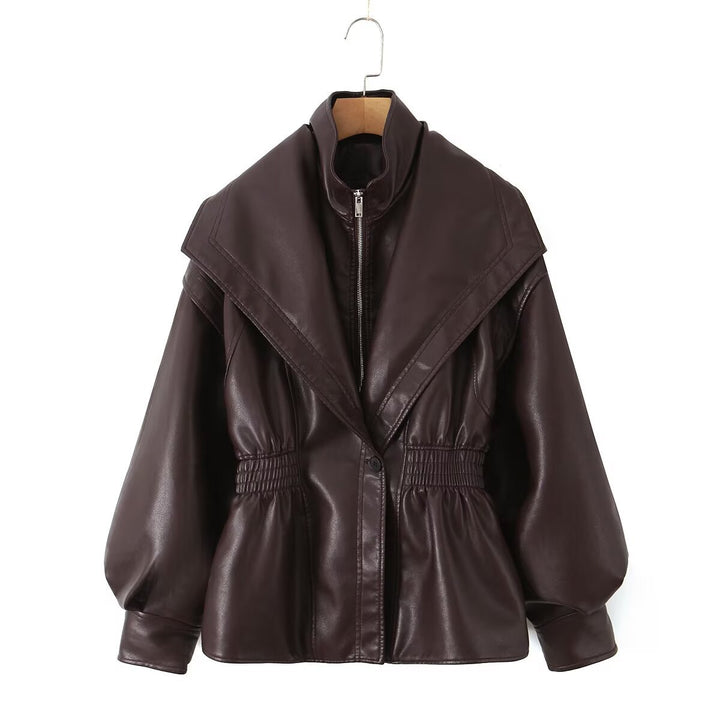 Faux leather jacket for women with asymmetrical collar and fitted cut Lune London