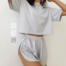 Casual short-sleeve outfit for women with striped design and side slits Amarae