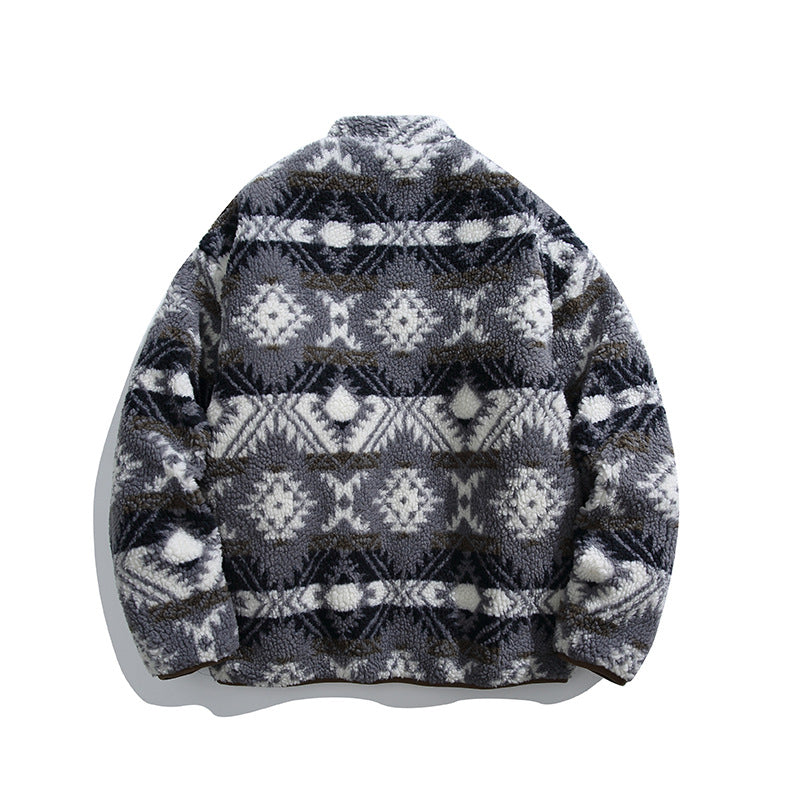 Unisex teddy fleece jacket in tribal pattern with stand-up collar and continuous zipper Amarae