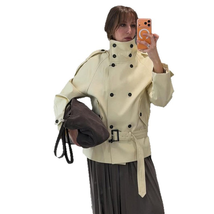 Women Short Double-Breasted Trench Jacket with High Standing Collar and Waist Belt Amarae