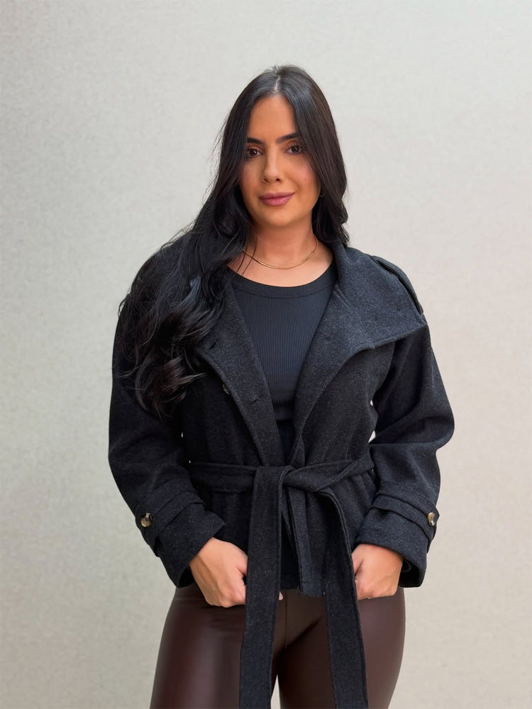Women Short Double-Breasted Coat with Stand Collar and Tied Belt Amarae