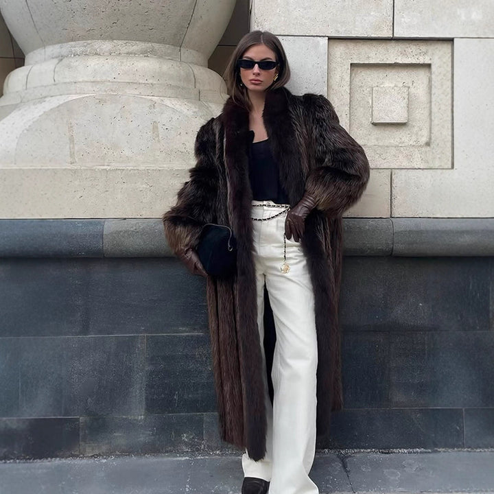 Women Luxurious Long Fur Coat with Wide Collar and Voluminous Sleeves Amarae