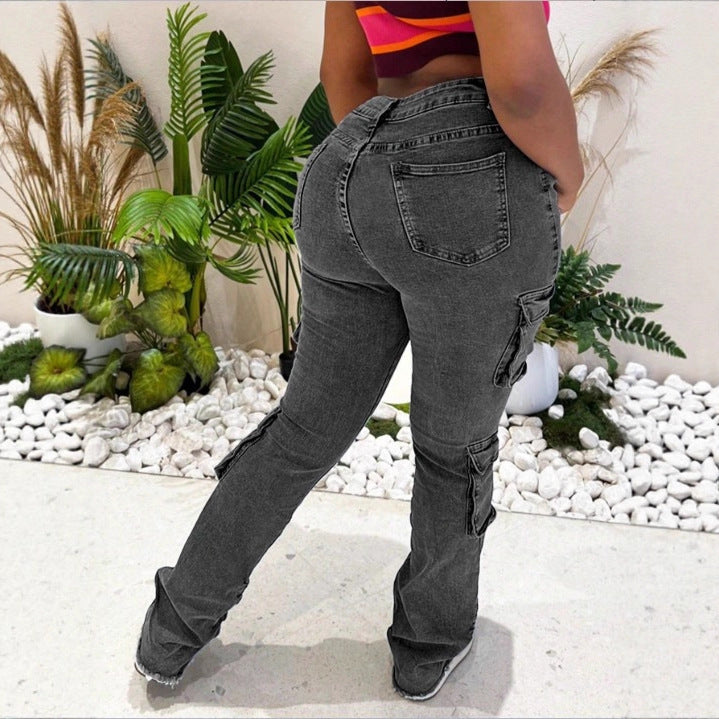 Women High-Cut Cargo Jeans with Multiple Flap Pockets and Frayed Hem Amarae