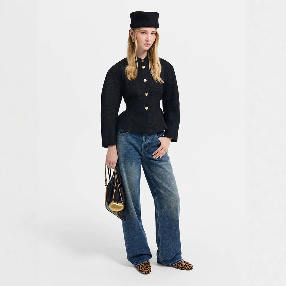 Women's tailored jacket with peplum hem, structured woven quality and decorative buttons Amarae