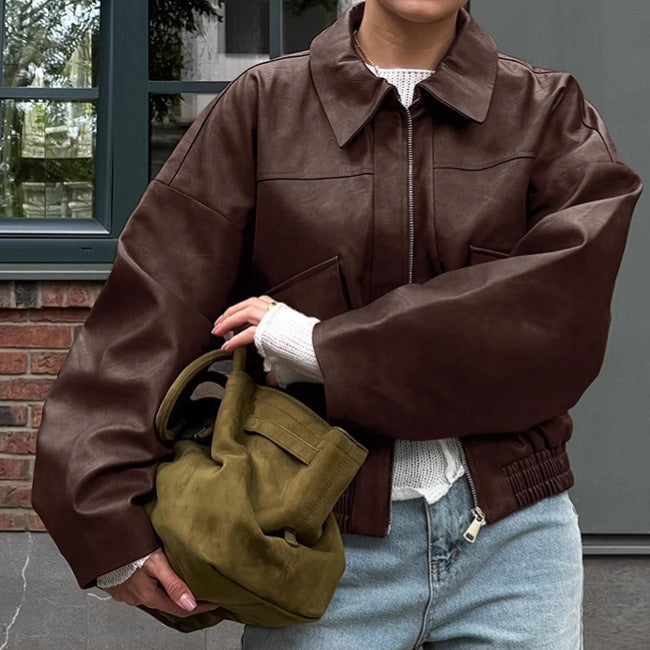 Faux leather jacket for women with oversized fit and practical pockets Lune London