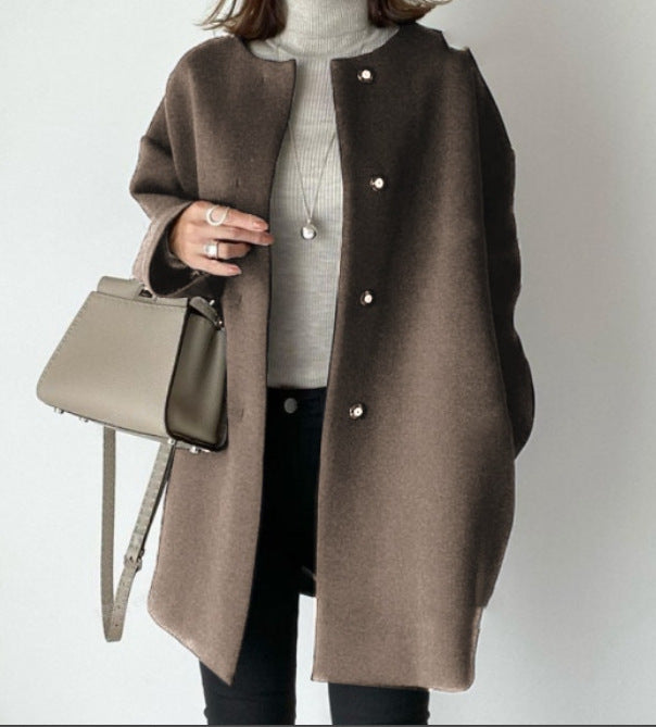 Ladies Elegant Oversized Wool Coat with Double Button Closure and Side Pockets Amarae