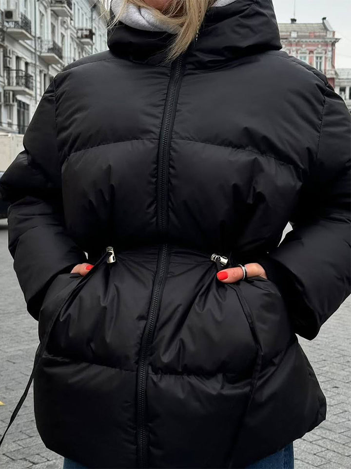 Women Padded Fitted Quilted Jacket with Drawstring & High Standing Collar Amarae