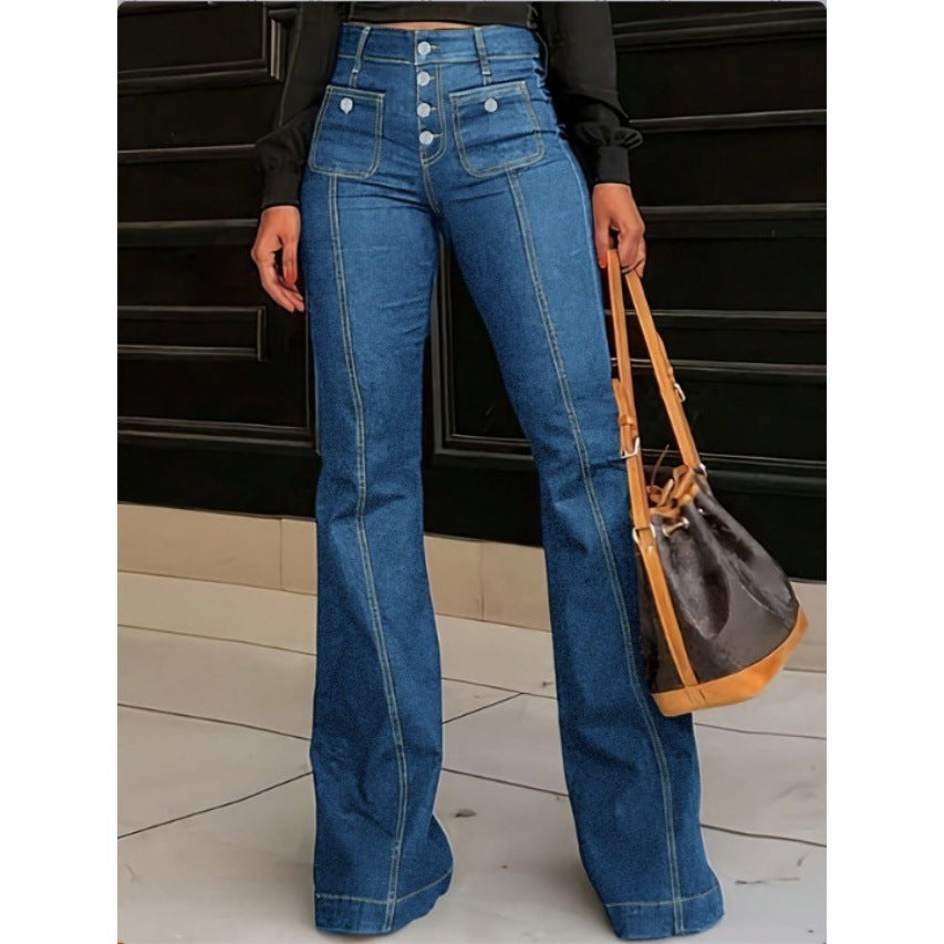 Ladies High-Waisted Flared Jeans with visible center seam, button closure, and patch front pockets Amarae