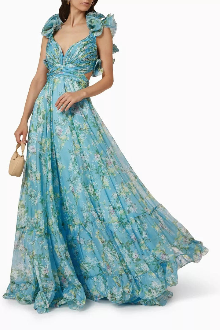 Women's maxi dress with floral ruffles and swinging design