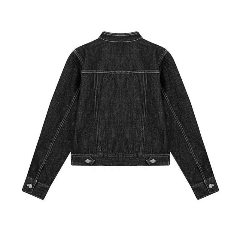 Women Tailored Denim Jacket with Stand-Up Collar, Decorative Seams and Metal Button Closure Amarae
