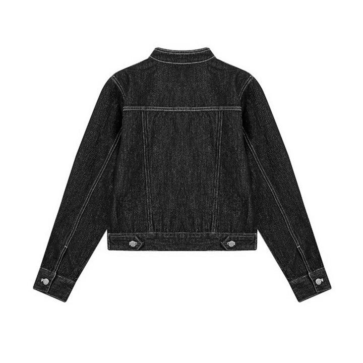 Women Tailored Denim Jacket with Stand-Up Collar, Decorative Seams and Metal Button Closure Amarae
