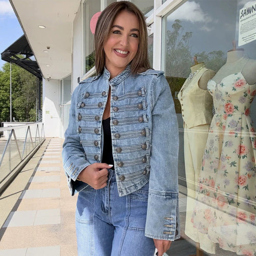 Women's short-cut denim jacket in military-inspired style with decorative button plackets Amarae