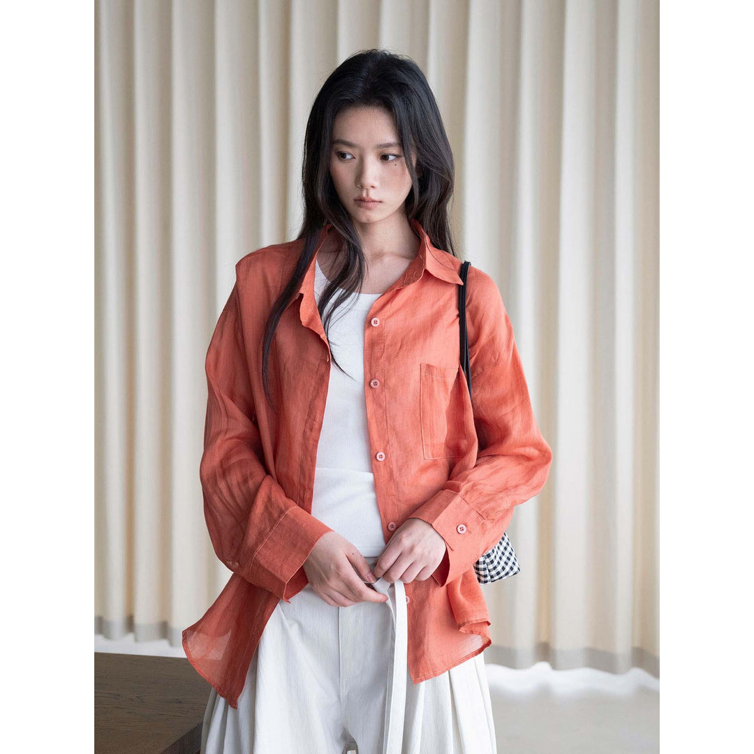 Women's Light Oversized Linen Blouse with Chest Pocket Amarae