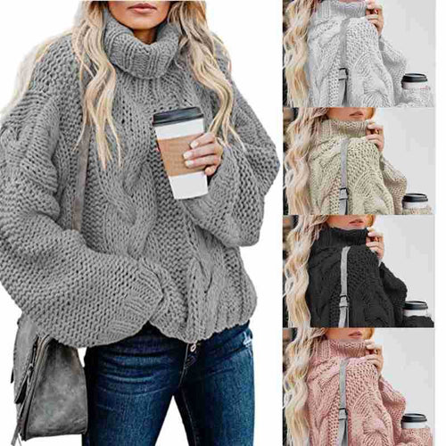 Thick knit pullover for women with high collar and twisted pattern Amarae