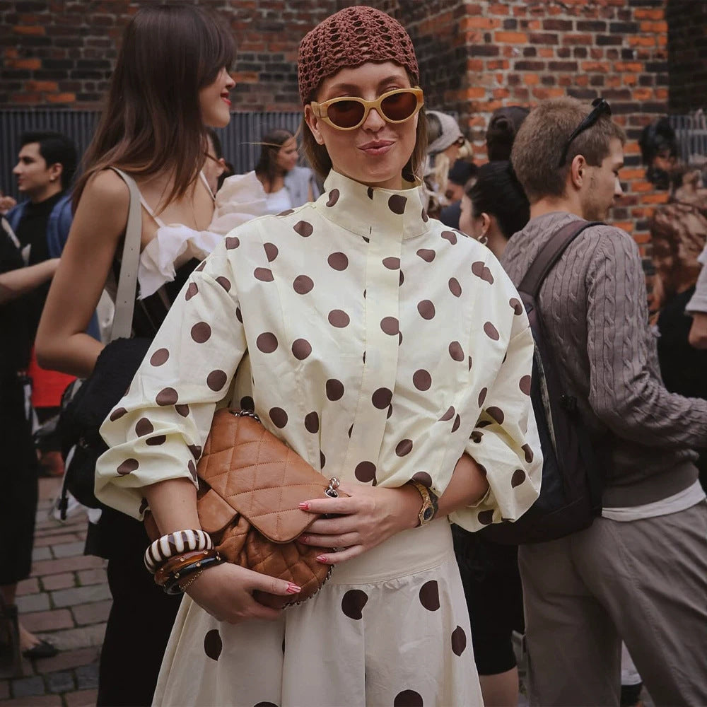 Women's Boxy Shirt Jacket with Stand Collar, Balloon Sleeves and Large Polka Dot Print Amarae