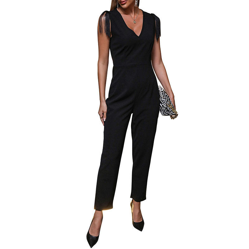 Ladies elegant V-neck jumpsuit with fringe detail Lune London