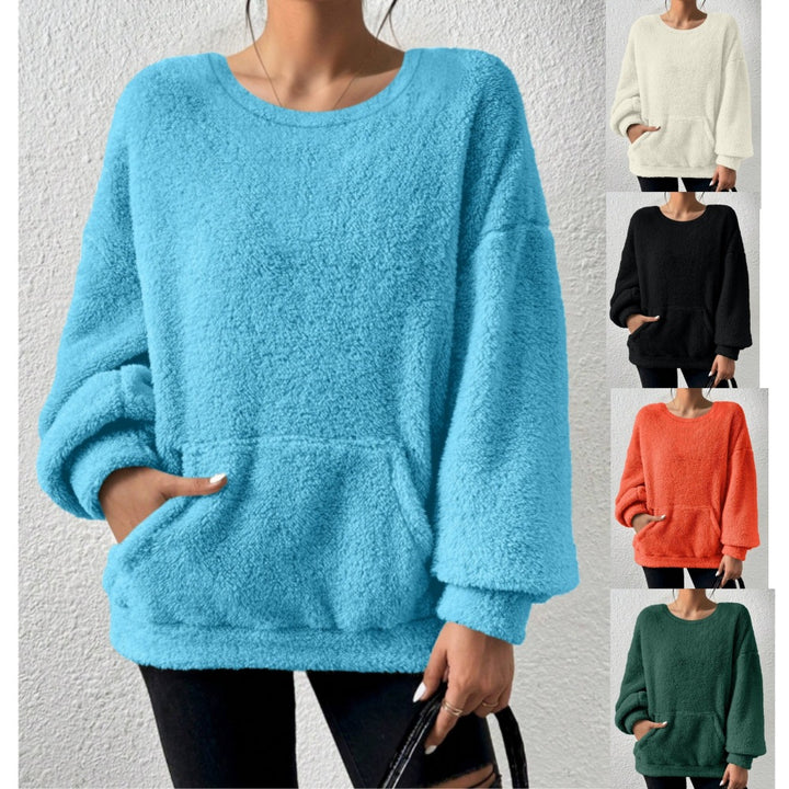 Ladies Cozy Oversized Sherpa Sweater with Kangaroo Pocket and Balloon Sleeves Amarae