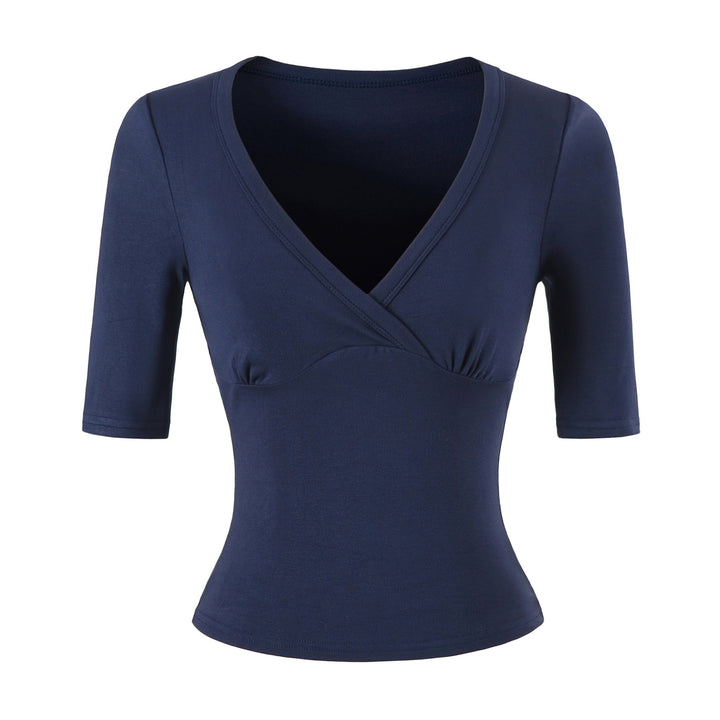 Women's body-hugging wrap shirt with deep V-neck, three-quarter sleeves, and waist accentuation Amarae