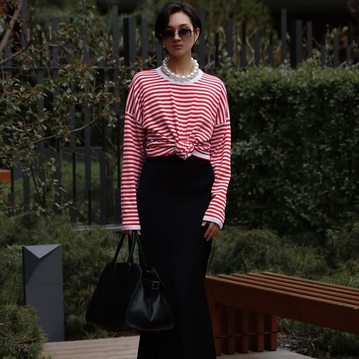 Women striped long casual t-shirt with bow detail Lune London