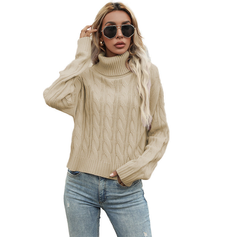 Knit sweater with high collar and cable knit pattern for women Lune London