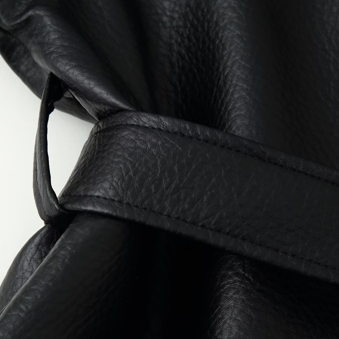Women's Tailored Faux Leather Blazer with Shawl Collar and Tie Belt Amarae