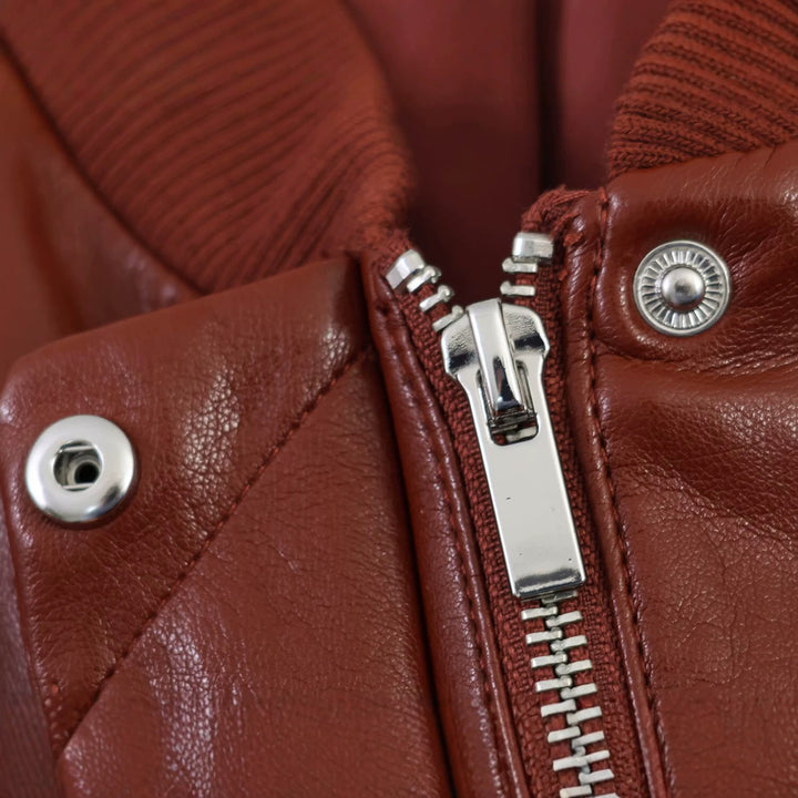 Women's Shiny Faux Leather Bomber Jacket with Ribbed Collar, Concealed Snap Button Placket and Kangaroo Pockets Amarae