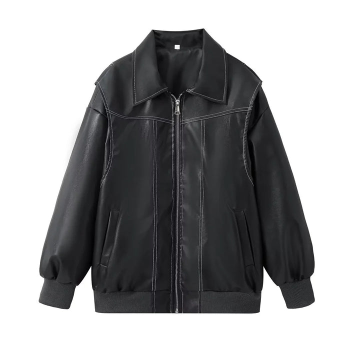 Ladies stylish faux leather jacket with voluminous sleeves and practical zipper pockets Chic and style