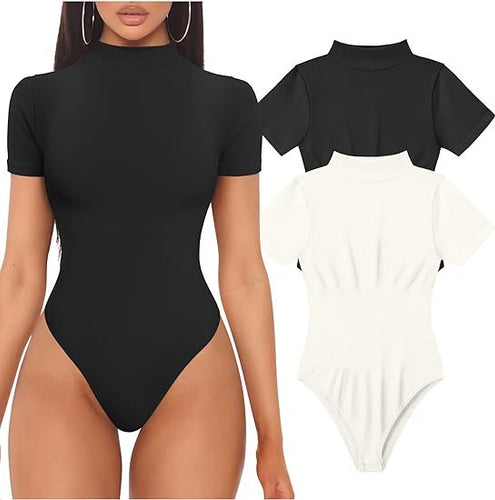 Women Short Sleeve Bodysuit with High Collar Amarae