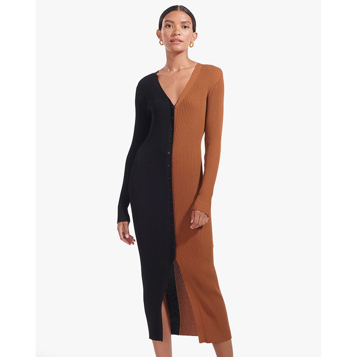 Maxi dresses with button design for women with deep V-neck and ribbed texture Lune London