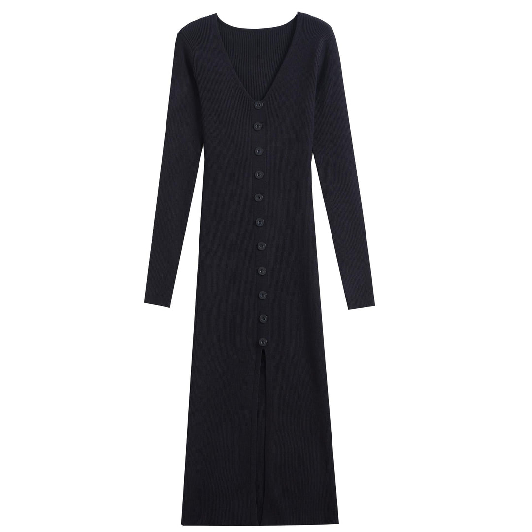 Ladies Long Sleeve Maxi Dress with Ribbed Structure and Button Detail Lune London