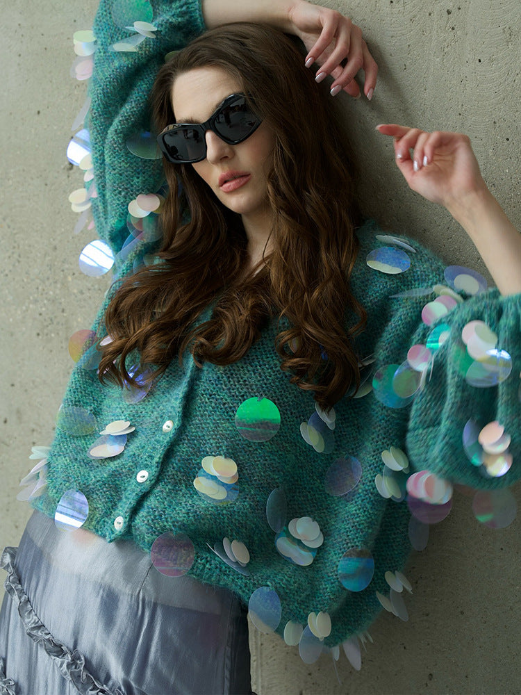 Women's Chunky Knit Mohair Cardigan with Oversized Sequins and Boxy Silhouette Amarae