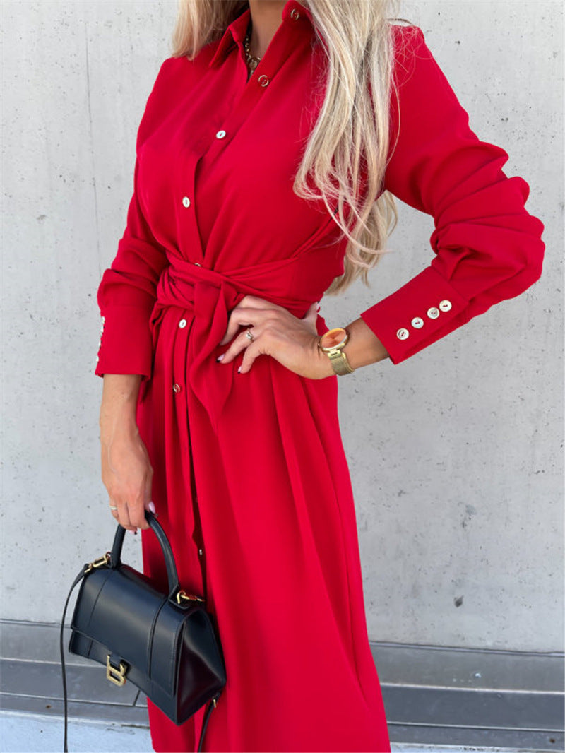 Ladies Elegant Midi Dress with Belt and Chic Button Placket and Style