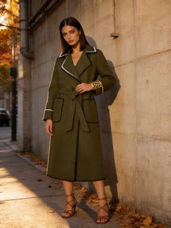 Women Tailored Wrap Coat made of Wool Blend with Decorative Wave Trim and Tied Belt Amarae