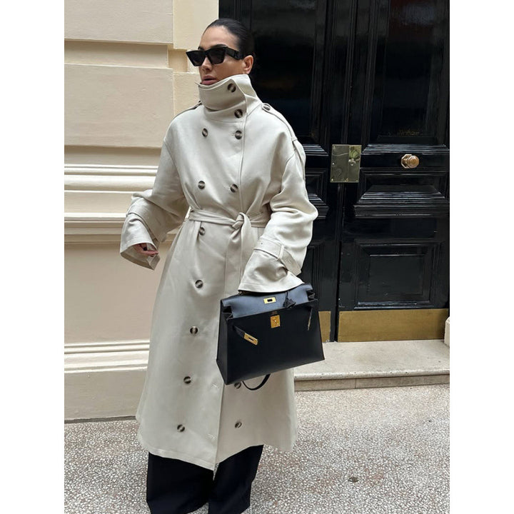 Women's Long Oversized Trench Coat with High Stand Collar, Bell Sleeves and Tie Belt Amarae