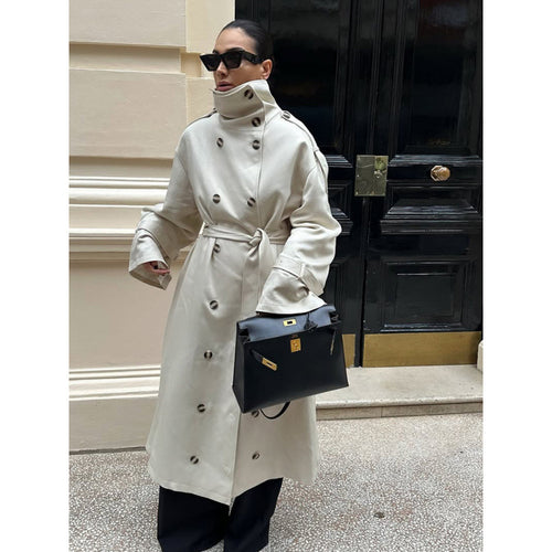 Women's Long Oversized Trench Coat with High Stand Collar, Bell Sleeves and Tie Belt Amarae